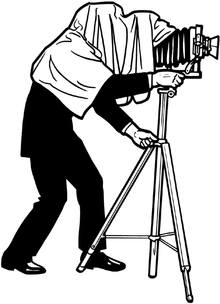 Man with vintage tripod camera vinyl sticker. Customize on line. Photos and Films 073-0091